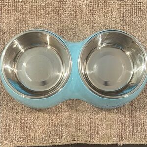 Stainless Steel Double Pet Bowl with Aqua Blue Base
